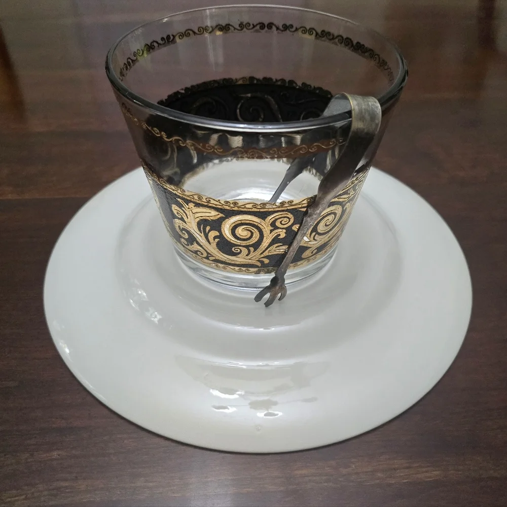 MCM Vintage Culver Ebony Gold Baroque Glass Ice Bucket W/Tongs 4 7/8